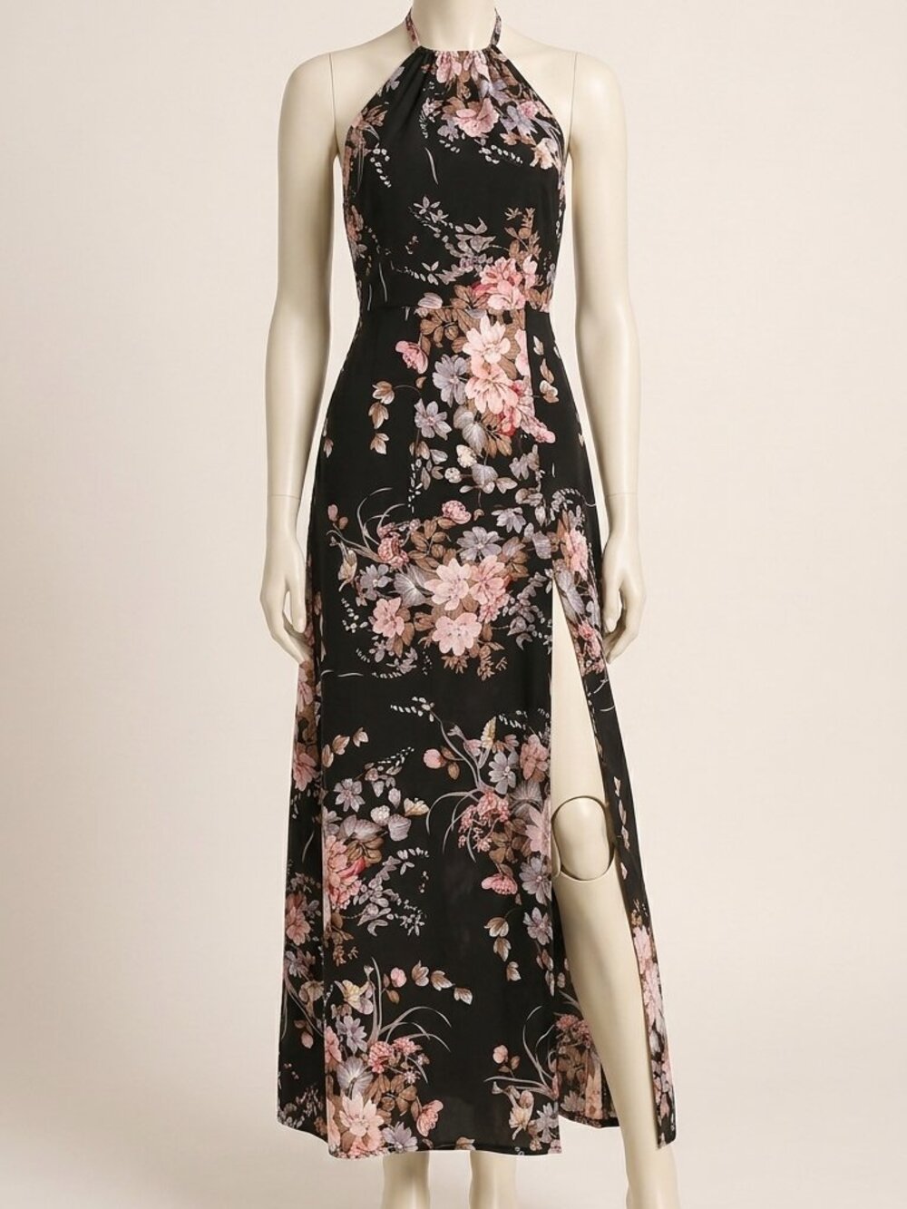 AORUNOVA Black Floral Halter Maxi Dress Size S Split Thigh Boho New Sealed